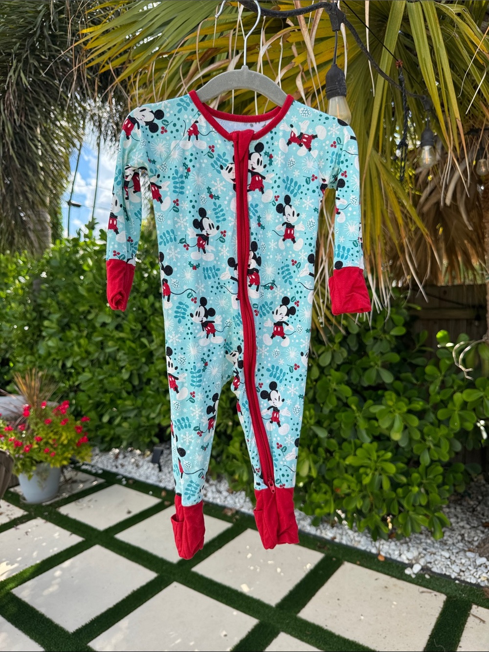 LITTLE SLEEPIES Christmas Mickey Mouse Light Blue & Red Kids Onesie